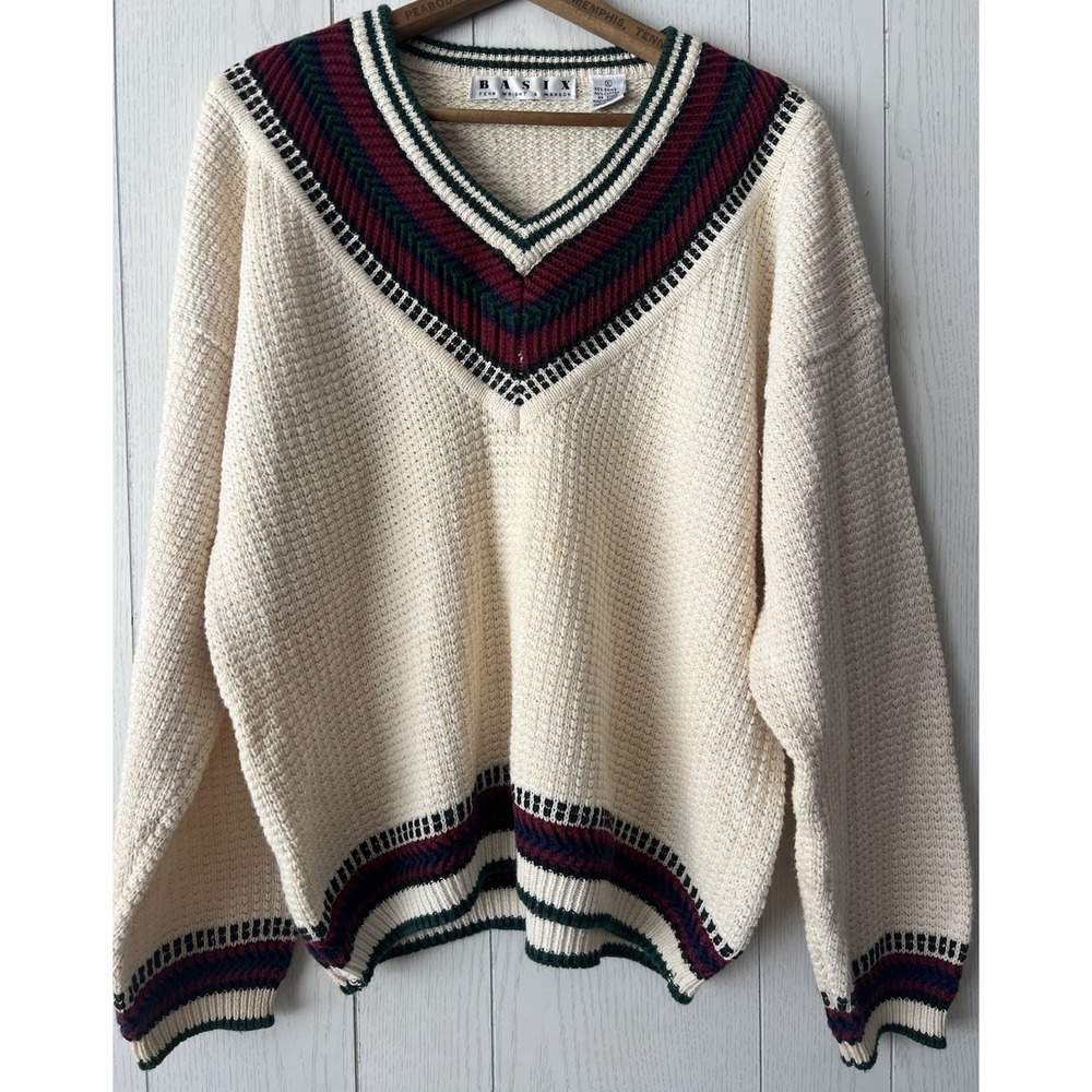 Vintage 80s Tennis Sweater Waffle Knit V Neck VARSITY Preppy Cricket Cream Boxy